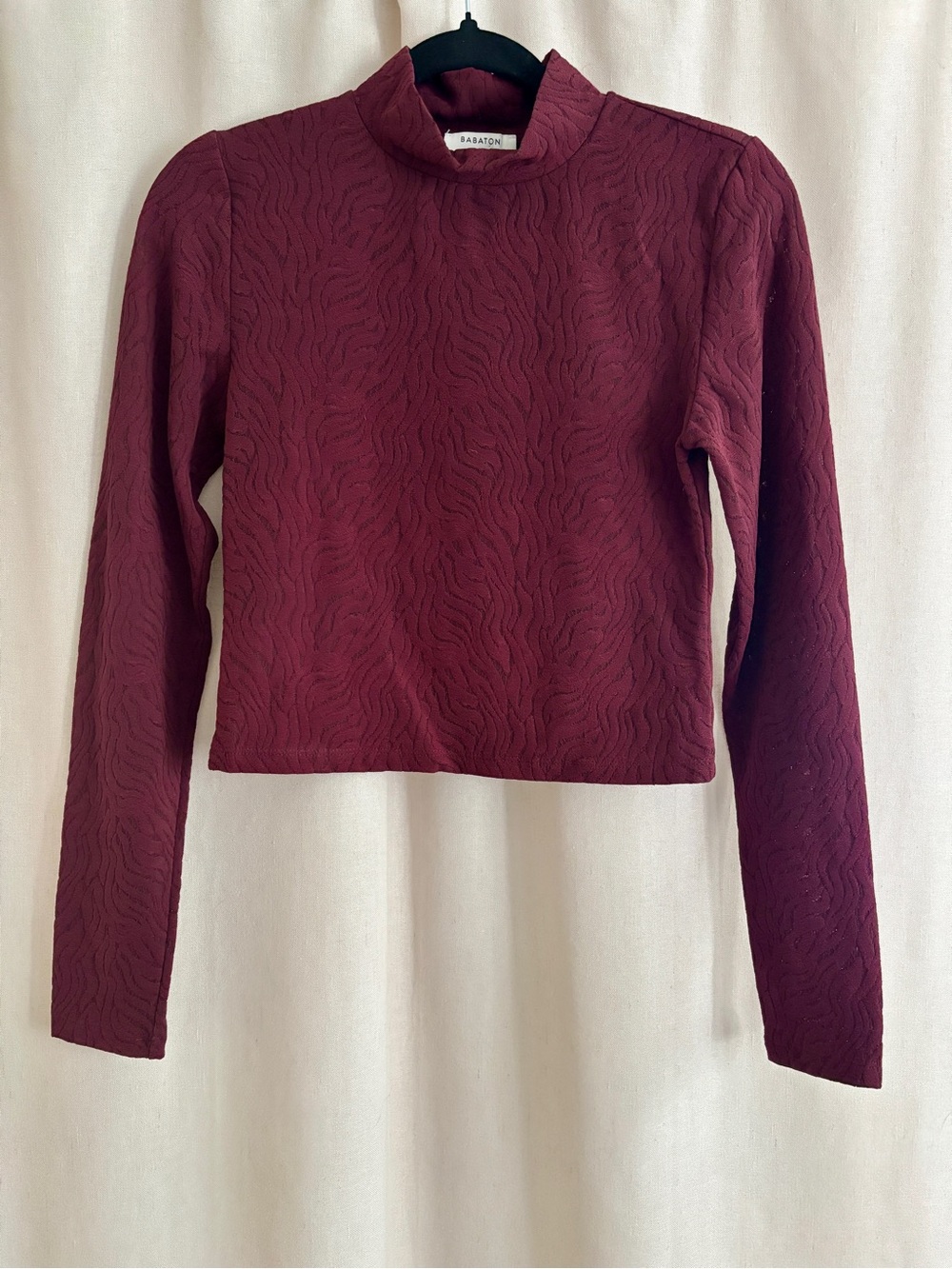 Babaton Wine Textured Mock Neck Long Sleeve Top